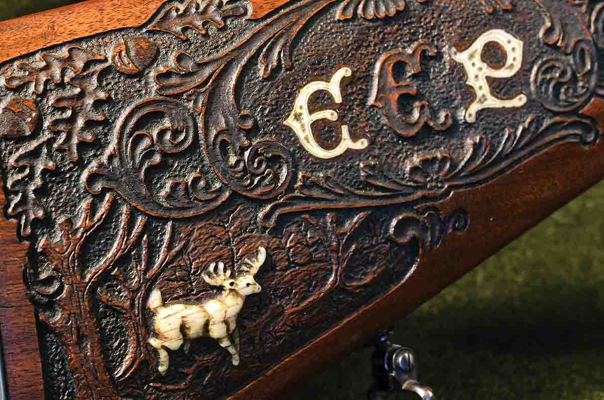 The stock is beautifully carved, with the initials “EEP” and a stag inlaid in ivory or bone. The middle initial ‘E’ is carved rather than inlaid.